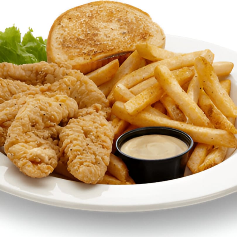Kenny's Ribs and Chicken's crispy chicken tenders, golden fries, garlic bread, and dipping sauce.